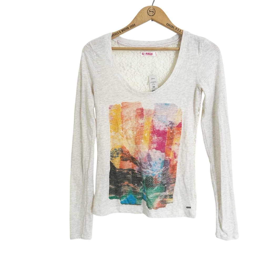 Garage Long Sleeve Lightweight Top w/ Lace back Graphic on Front XS NEW!